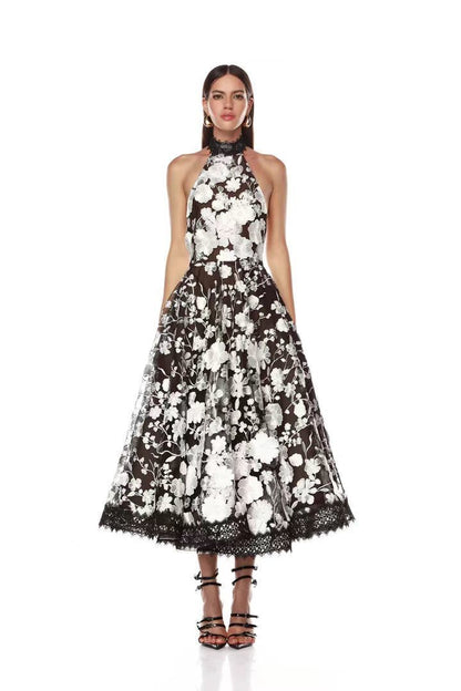 alyssa black Halter Floral Embroidered Midi Dress