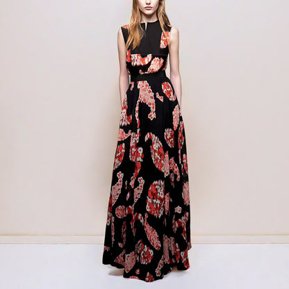 black printed  V-neck sleeveless maxi dress