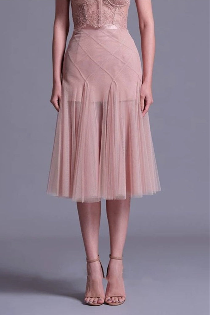 floral dentelle off-shoulder bustier corset net skirt set in pink