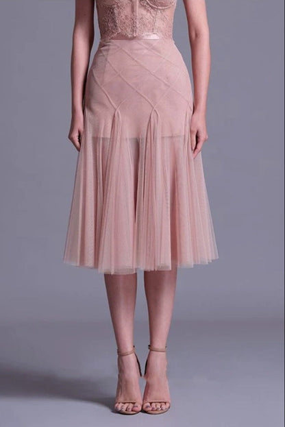 floral dentelle off-shoulder bustier corset net skirt set in pink