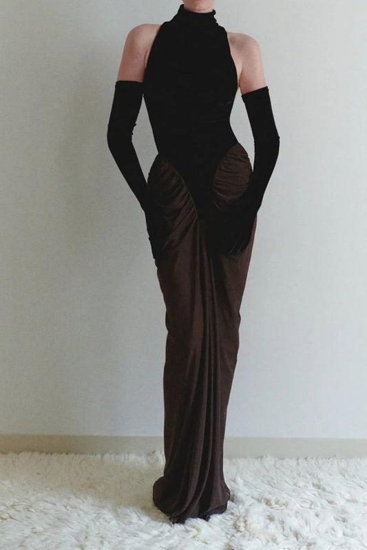 velvet mesh patchwork maxi dress in black