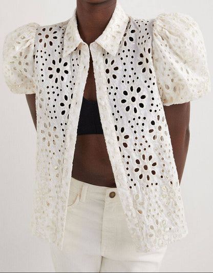 White Eyelet Embroidered Puff Sleeve Open Shirt
