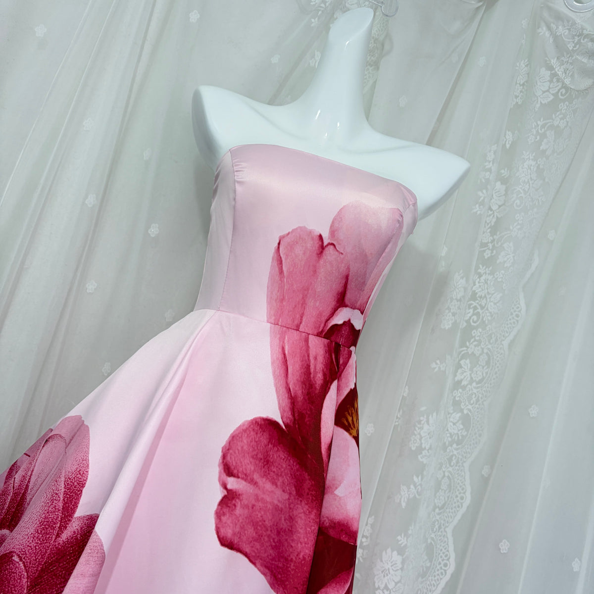 Pink Strapless Large Floral Print Satin Ball Gown