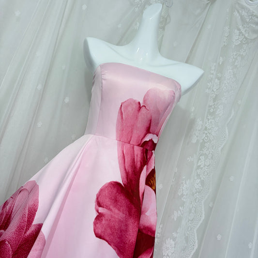 Pink Strapless Large Floral Print Satin Ball Gown