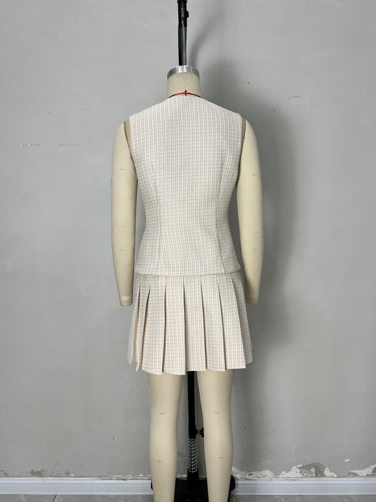 Cream Tweed Round Neck Sleeveless Contrast Trim Vest &amp; Pleated Mini Skirt Two-Piece Set