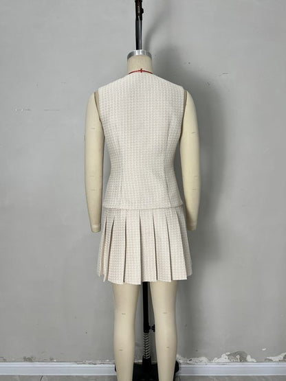 Cream Tweed Round Neck Sleeveless Contrast Trim Vest &amp; Pleated Mini Skirt Two-Piece Set