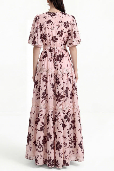 ashley V-neck lace trim printed maxi dress - pink