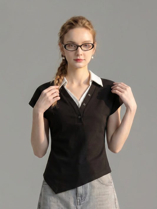 Fake Two Piece Collared V Neck Cap Sleeve Asymmetrical Hem Tee