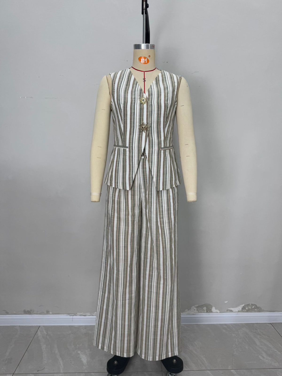 Green White Stripe Linen Sleeveless V-Neck Vest & Wide Leg Pants Two-Piece Set