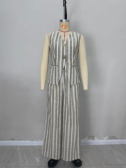 Green White Stripe Linen Sleeveless V-Neck Vest & Wide Leg Pants Two-Piece Set