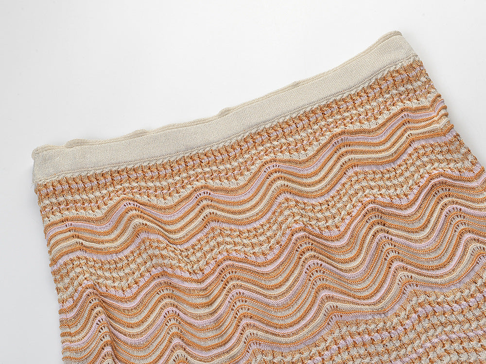 Beige Pointelle Knit Fitted Column Two-Piece Set
