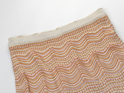 Beige Pointelle Knit Fitted Column Two-Piece Set