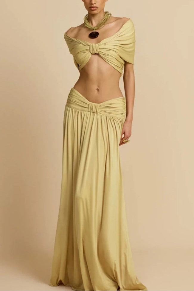 pleated top & maxi skirt set - gold