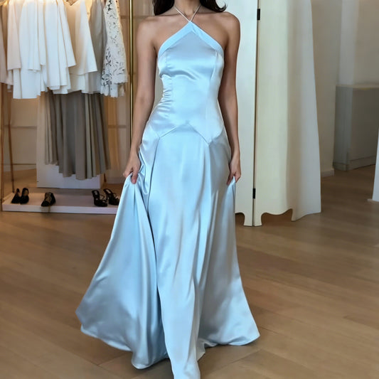 Halter Satin Flowy Maxi Dress