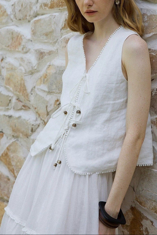 Beaded Linen Lace-up Access Vest
