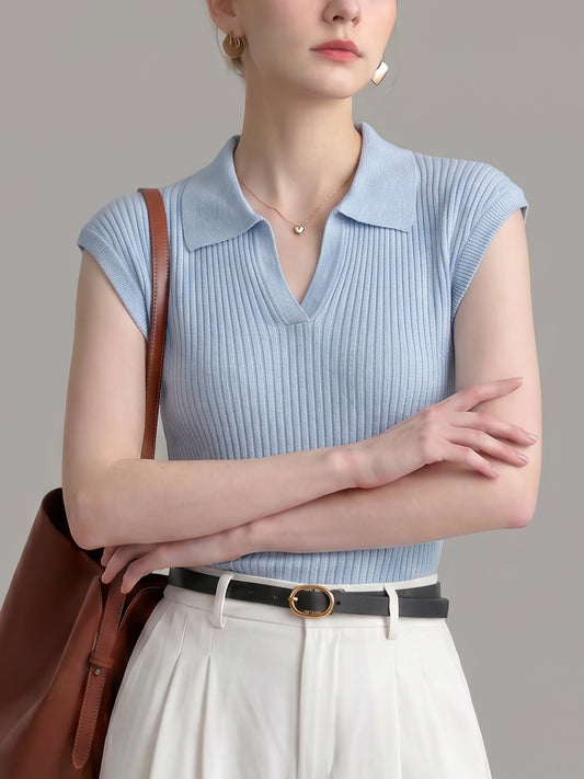 Polo Collar Cap Sleeve Ribbed Knit Tank Top