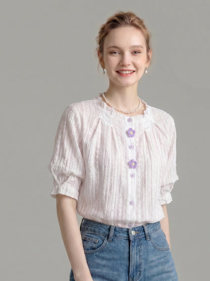 Ruffled Crew Neck Eyelet Puff Sleeve Blouse With Floral Buttons
