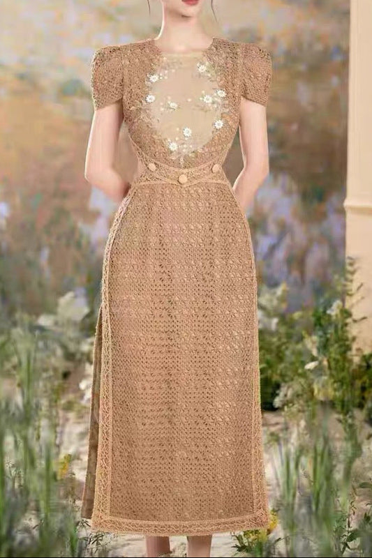 sharon appliqué hollow maxi dress in brown