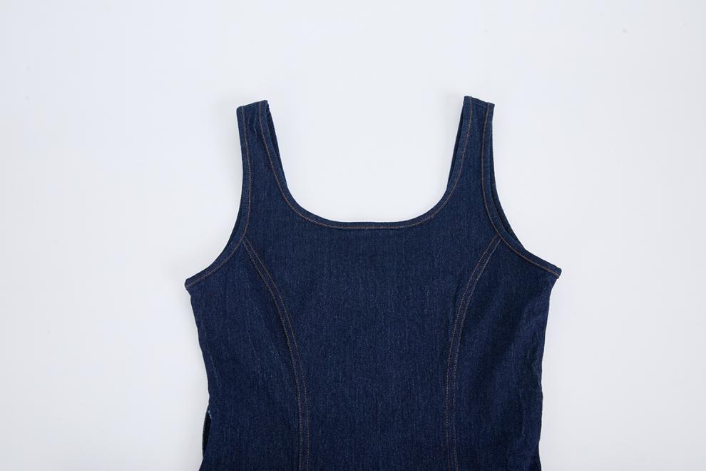 Dark Blue Denim Fit-and-Flare Midi Dress