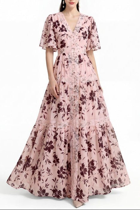 ashley V-neck lace trim printed maxi dress - pink