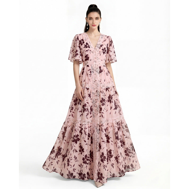 ashley V-neck lace trim printed maxi dress - pink