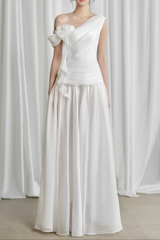 One-Shoulder 3D Flower Ruched Maxi Dress