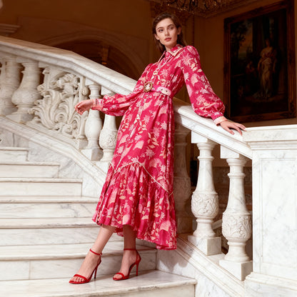 phoenix red floral print maxi dress with belt