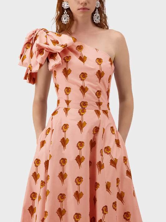 pink printed bows slanted shoulders dress