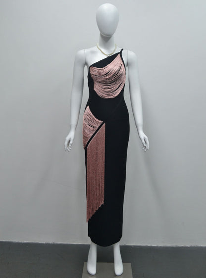 Black One-Shoulder Fringe Column Dress