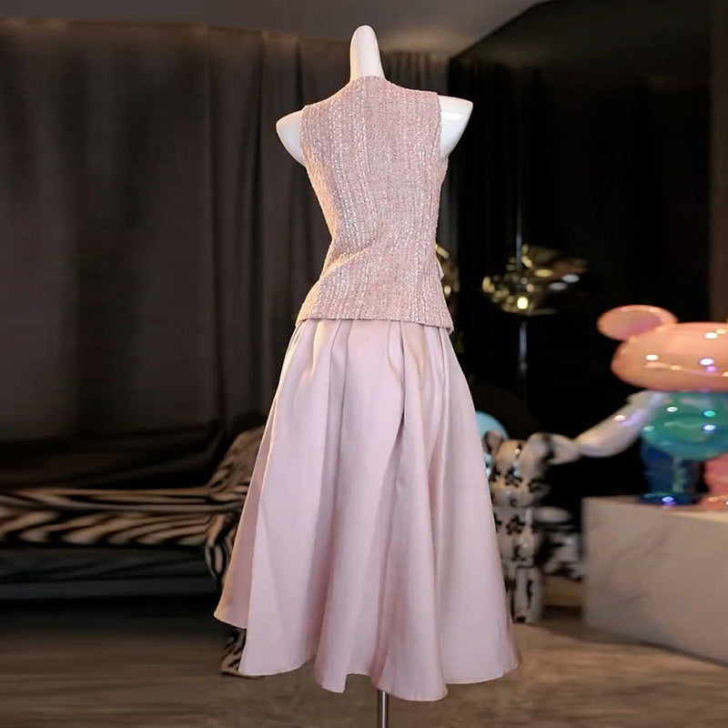 Ella pink V-Neck Sleeveless Top & Skirt Two-Piece Set