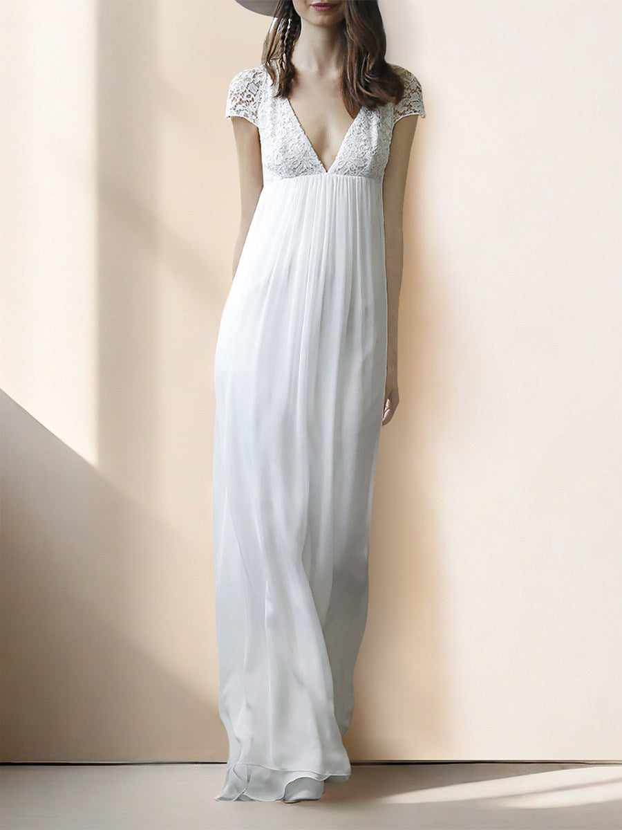White V-neck openwork lace maxi dress