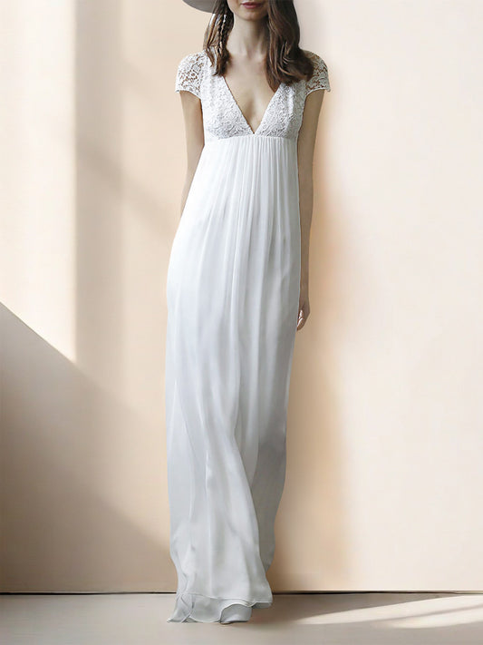 White V-neck openwork lace maxi dress