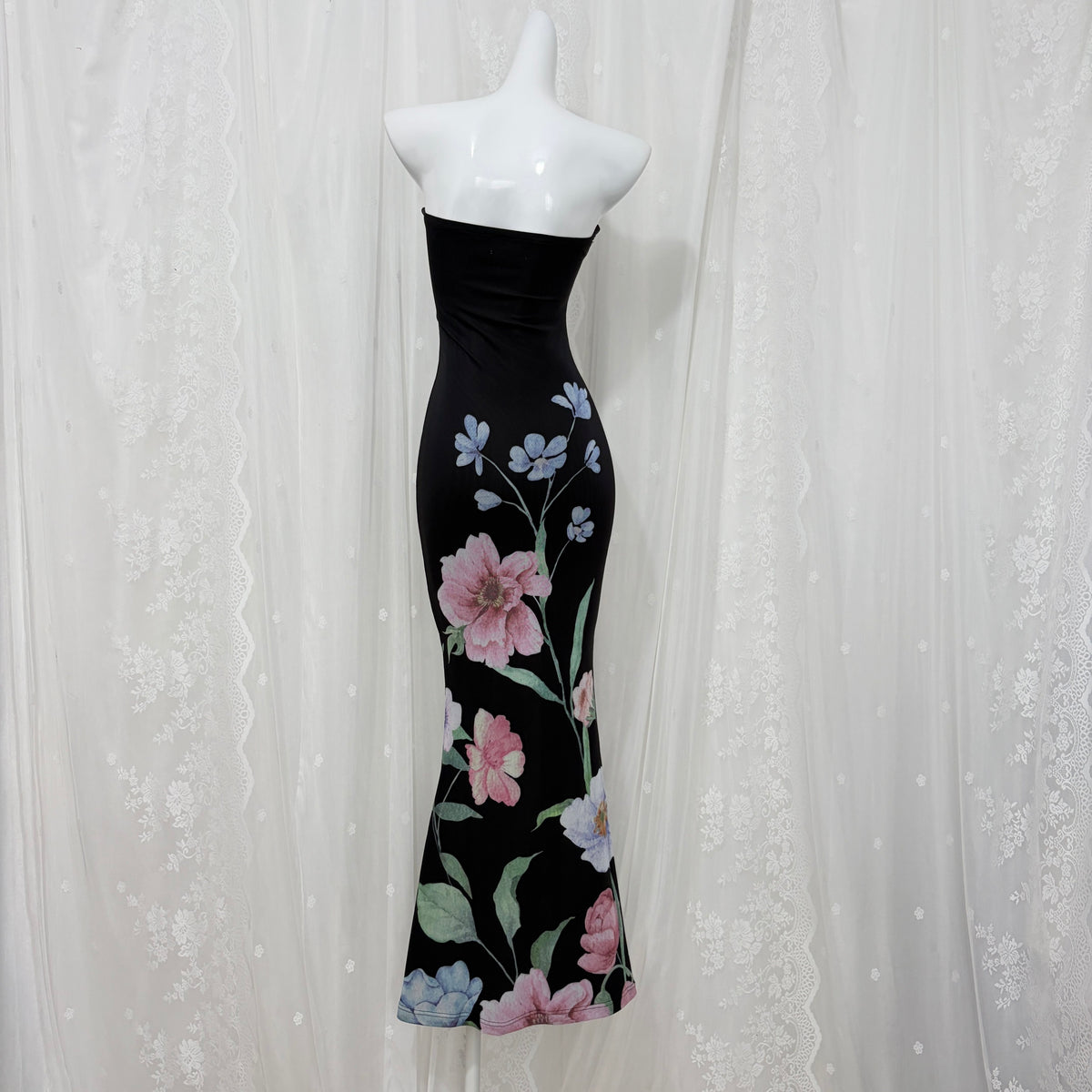 Black Floral Print Strapless Mermaid Maxi Dress