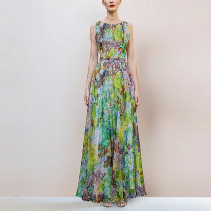 green flower sleeveless large swing maxi dress