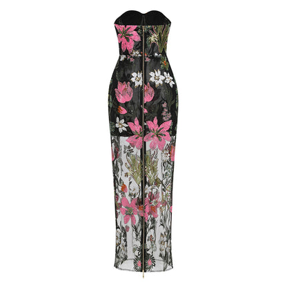 Black Floral Embroidered Mesh Column Dress