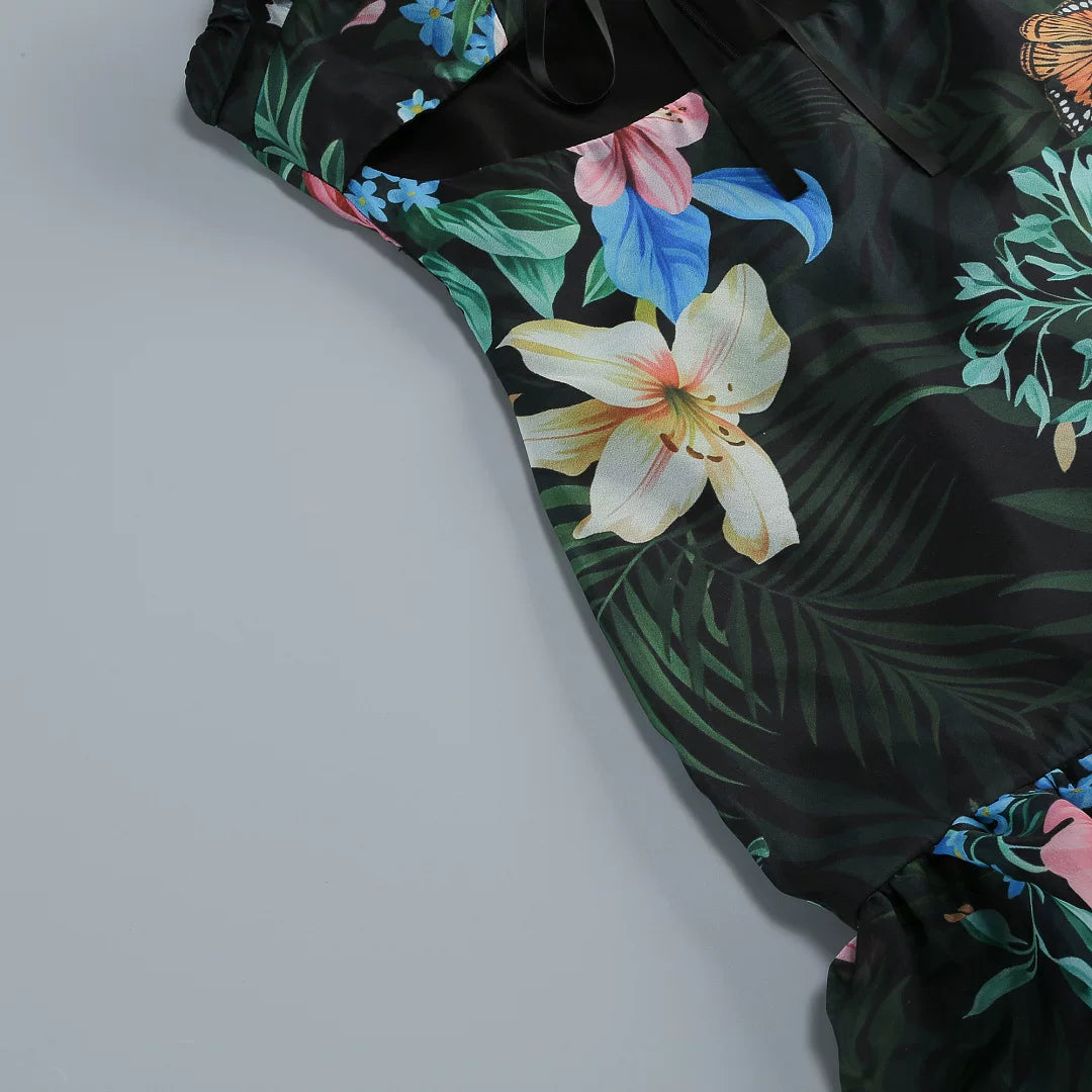 Tropical Floral Cutout High Low Tiered Maxi Dress