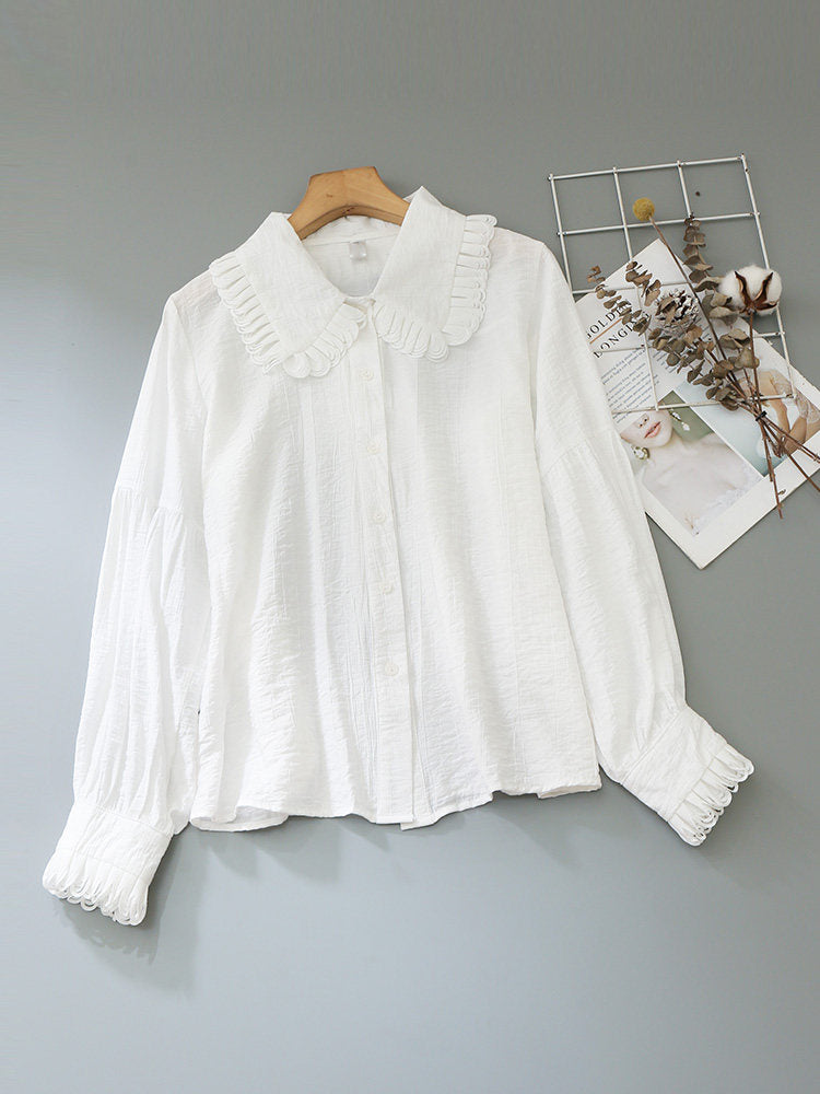 Ruffled Peter Pan Collar Puff Long Sleeve Crinkled Blouse