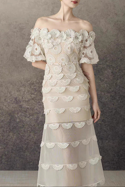 Off-the-Shoulder Daisy Lace Tiered Midi Dress