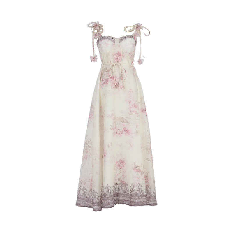 Pastel Floral Print Spaghetti Strap Midi Dress with 3D Flower Appliqués