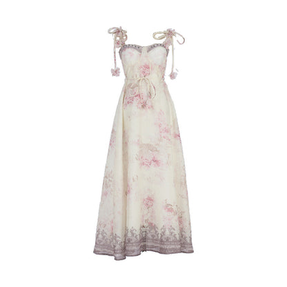 Pastel Floral Print Spaghetti Strap Midi Dress with 3D Flower Appliqués