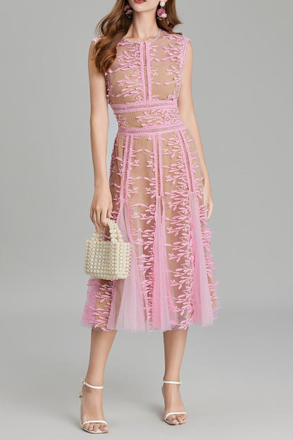 phoenix 3d Embroidered lace mesh midi dress in pink