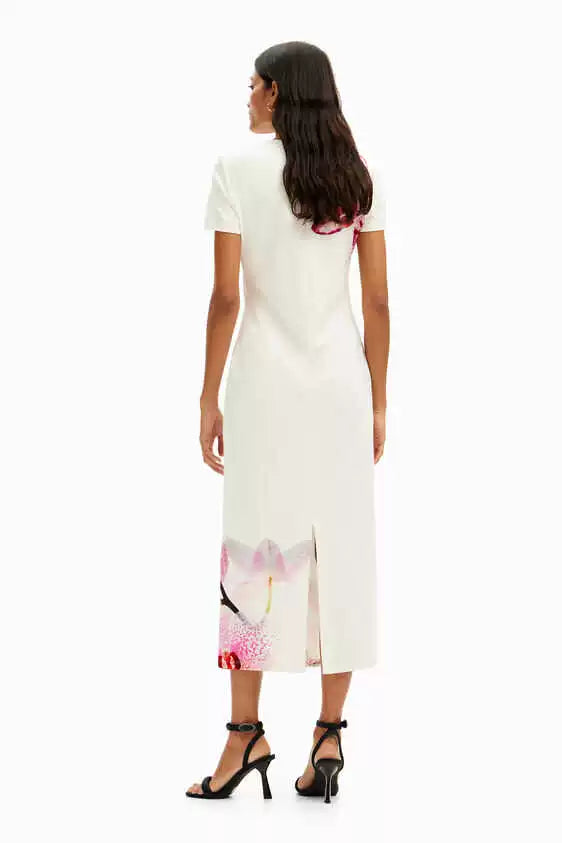 orchid print back slit stretch slim fit midi dress