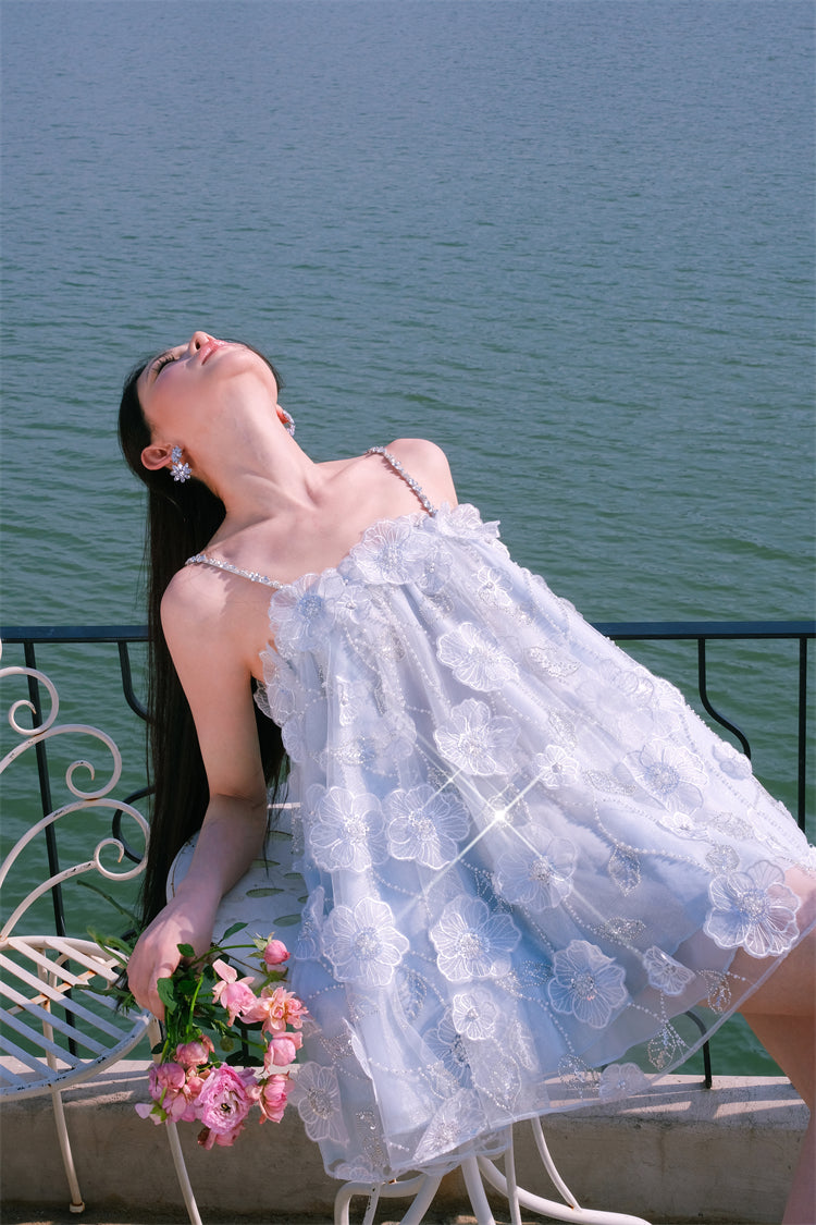 Tutu Light Blue Sleeveless Flower Diamond Short Doll Dress