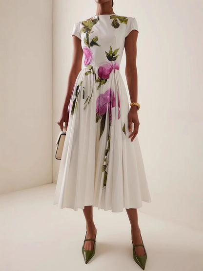 rose print crew neck short sleeves midi dress