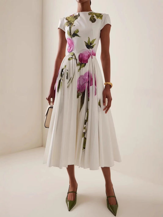 rose print crew neck short sleeves midi dress