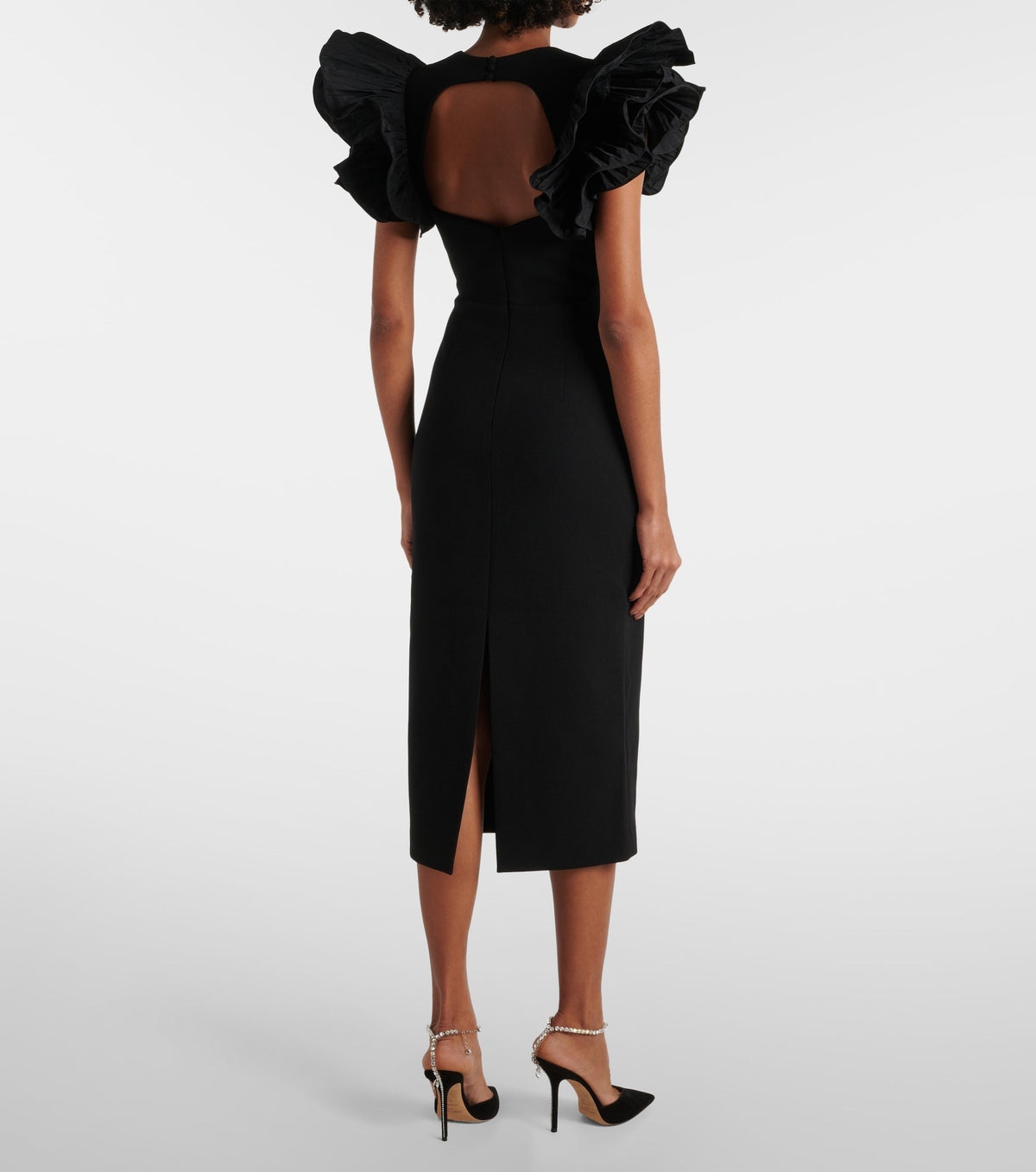 blanche ruffle crepe midi dress in black