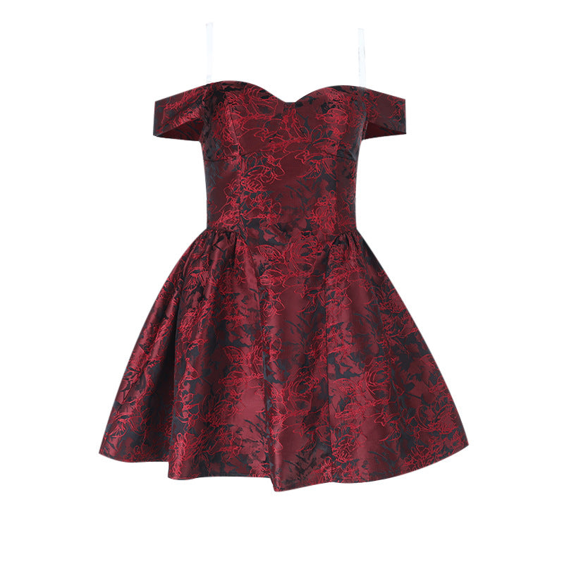 Jacquard slim waist strapless puffy mini dress in wine red