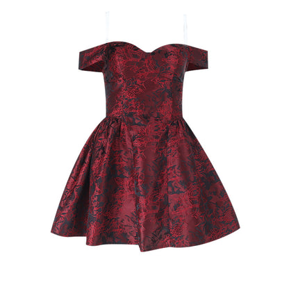 Jacquard slim waist strapless puffy mini dress in wine red
