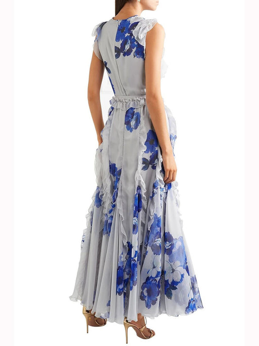 blue printed crew neck lantern sleeves flowing ruffles dress