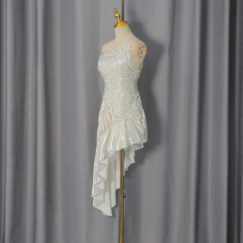Champagne Gold Metallic Ruched Asymmetrical Dress